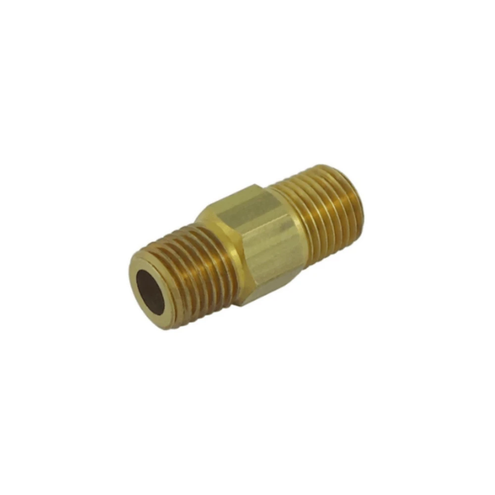 aa-05361.webp Hex Union Nipple 1/4" MPT (LHT) x 1/4" MPT (RHT) Brass - Image 1