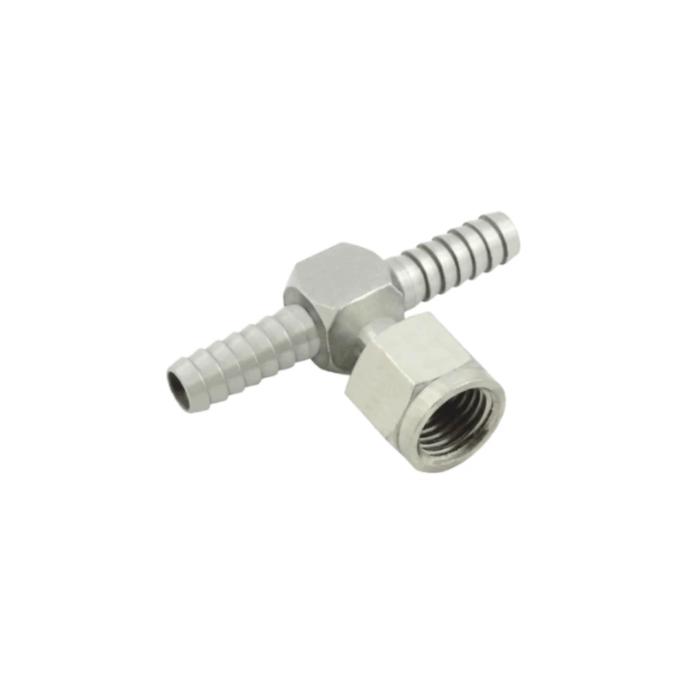 ka-05944.webp Hose Tee 1/4" FFL Swivel x 1/4" Barb x 1/4" Barb SS - Image 1